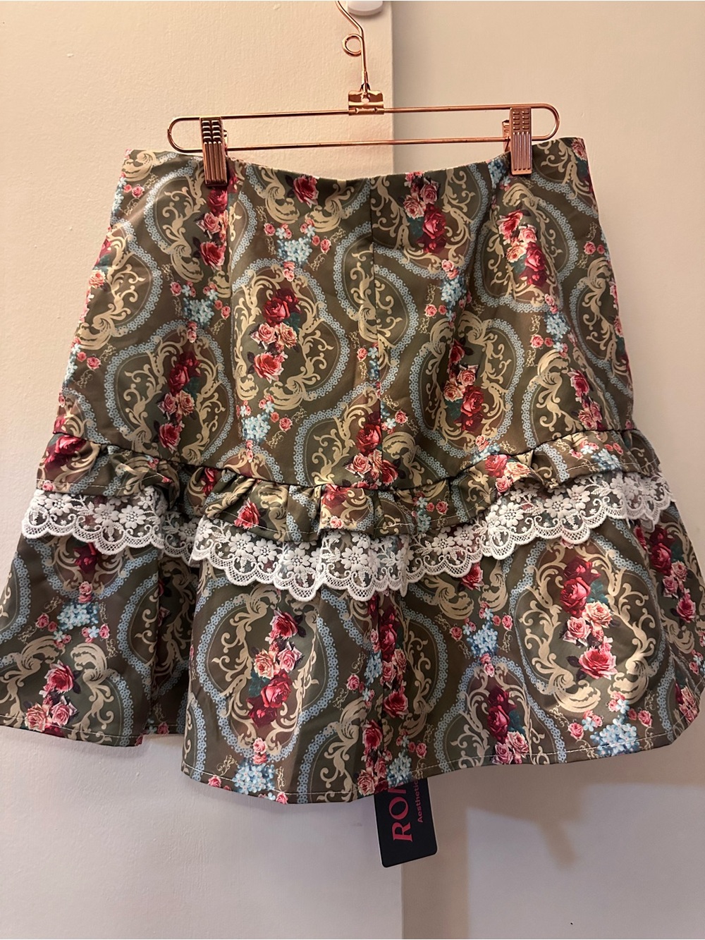 ROMWE Olive Green Floral Lace-Trim Mini Skirt